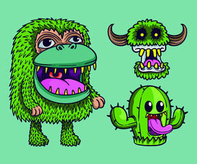 Hand drawn flat design trendy monster cartoon 