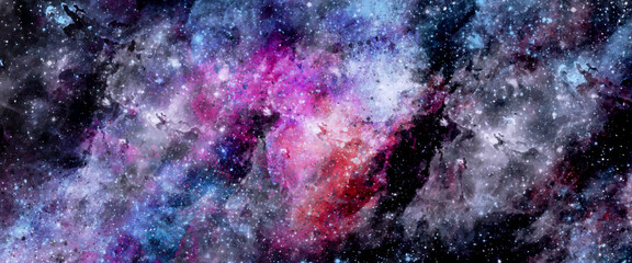 Fototapeta premium Colorful space background with stars, Blue watercolor galaxy texture, fantazy universe, Purple clouds, Paint splash, Colorful gradient ink colors wet effect hand drawn canvas background wallpaper.