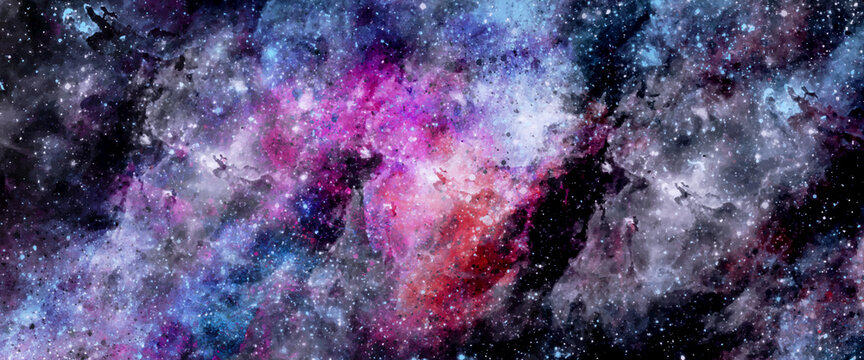 Colorful space background with stars, Blue watercolor galaxy texture, fantazy universe, Purple clouds, Paint splash, Colorful gradient ink colors wet effect hand drawn canvas background wallpaper.