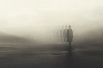 illustration of surreal man disappearing in the fog, abstract concept - obrazy, fototapety, plakaty