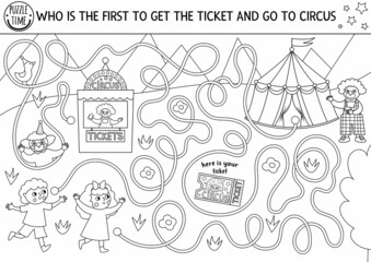 Circus black and white maze for kids with boy, girl, ticket. Amusement show line preschool printable activity with clown, marquee. Entertainment competition labyrinth coloring page. © Lexi Claus