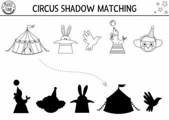 Circus black and white shadow matching activity with clown, marquee, sea lion. Amusement show line puzzle. Find correct silhouette printable worksheet or game. Entertainment coloring page.
