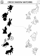 Circus black and white shadow matching activity with cute performers. Amusement show line puzzle with animal artists. Find correct silhouette printable worksheet. Entertainment coloring page.