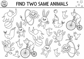 Find two same circus animals. black and white matching activity for children. Amusement show educational line quiz worksheet for kids. Simple printable game or coloring page.