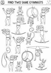 Find two same gymnasts. Circus black and white matching activity for children. Amusement show educational line quiz worksheet for kids. Simple printable game or coloring page.