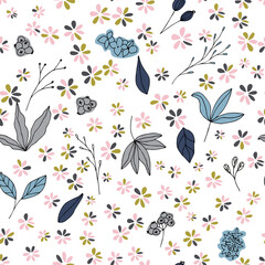 Floral vector seamless pattern with  flowers, leaves and berries. Beautiful hand drawn flowers in  light pastel colors in vintage style.