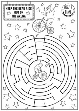 Circus black and white maze for kids with bear on bicycle. Amusement show preschool line printable activity with cute animal performer on bike. Entertainment labyrinth coloring page.