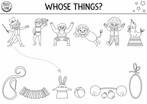Circus black and white matching activity with cute characters. Amusement show line puzzle with clown, magician, gymnast, animals. Match the objects coloring page. Whose things game.