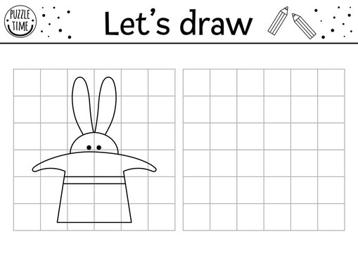 Draw the rabbit in hat. Complete the picture. Vector circus drawing practice worksheet. Printable black and white activity for preschool kids with hare. Copy the picture festival themed game.