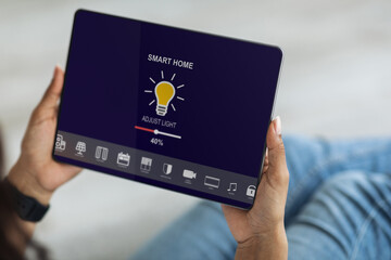 Smart home system app, interface device with icons, modern comfortable house