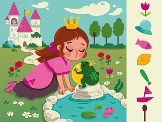 Hidden object game on The Frog Prince story theme. Vector illustration for little children.