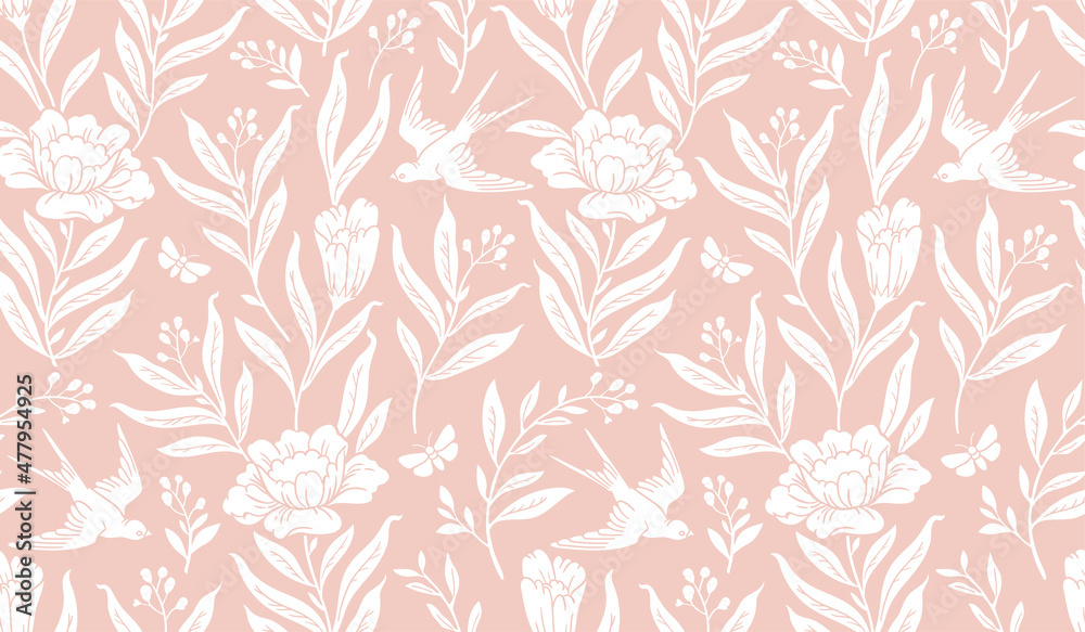 Wall mural boho mystical seamless pattern. vector background with bird and floral elements in trendy bohemian c