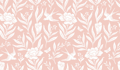 Boho mystical seamless pattern. Vector background with bird and floral elements in trendy bohemian celestial style.