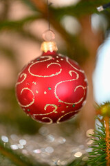 close up of decorations in Christmas tree indoors
