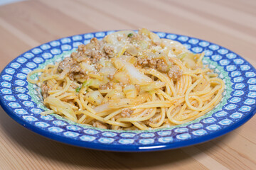 Delicious tomato and minced meat pasta 
