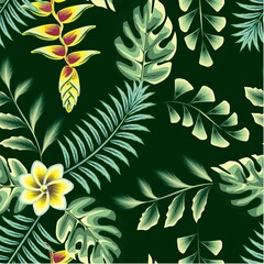 Illustration with red yellow strelitzia exotic flower. Beautiful seamless background with tropical plant on dark. Composition with flower and exotic palm leaves. Summer beach design. Paradise nature