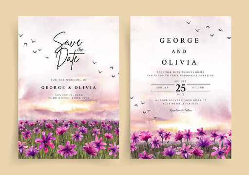 Wedding invitation of sunset nature landscape with beautiful purple flowers watercolor