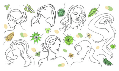 Collection. Silhouettes of a girl's head, a woman's face and a leaf of a plant in a modern style. The woman laughs. Solid line, outline for decor, posters, stickers, logo. Vector illustration set.