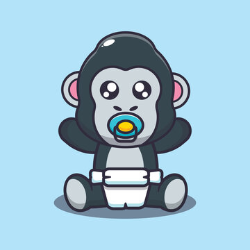 Cute baby gorilla. Cute cartoon animal illustration.