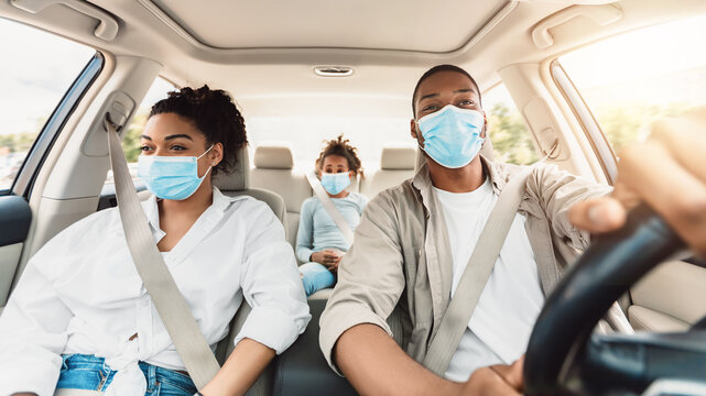 African American Family Wearing Face Masks Riding Car, Panorama