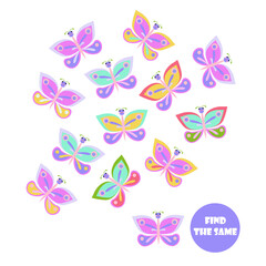 Fototapeta na wymiar Find the same butterfly. Educational children logical game stock vector illustration