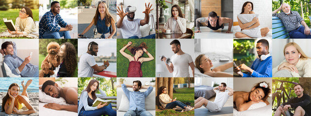 Naklejka premium Set of diverse people spending vacation indoors and outdoors