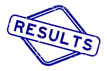 Grunge blue results word rubbber seal stamp on white background