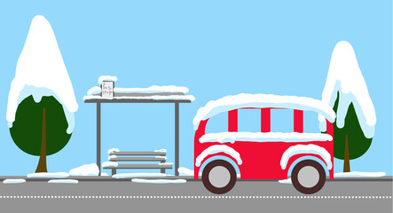 town postcard bus stop covered with snow. country landscape flat style. horisontal background © Maria