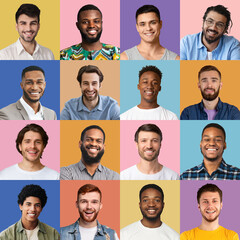 Fototapeta na wymiar Happy male faces over colorful studio backgrounds, collection of avatars