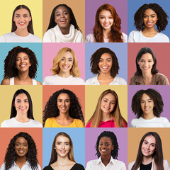 Female students different nationalities, collection of portraits