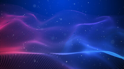 Abstract 3D wave of particles. Futuristic background of blue and pink dots with a dynamic wave. Big data. 3d rendering.