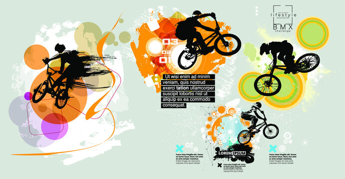 Active young man doing tricks on a bicycle, extreme sport concept. Sport background ready for poster or banner, vector
