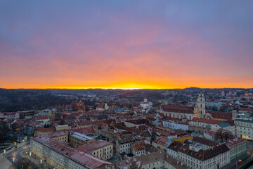 Aerial winter morning sunrise view of Vilnius old town, Lithuania