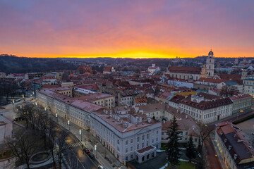 Aerial winter morning sunrise view of Vilnius old town, Lithuania