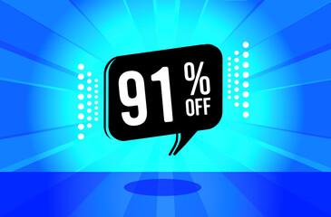 91% off. Blue banner with ninety one percent discount on a black balloon for mega big sales.