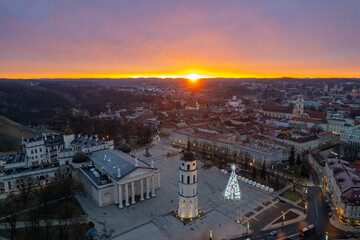 Aerial winter morning sunrise view of Vilnius old town, Lithuania