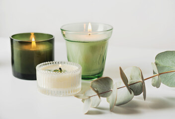 glowing aromatic soy candles and eucaliptus branch on a table. green grass scented candles for ambient cozy home. eco friendly house fragrance.
