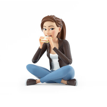 3d cartoon woman eating sandwich sitting on floor
