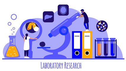 Doctors or scientists are researching human organs tissue and blood samples, using microscope and reagents. A concept of histology service. Vector flat illustration, tiny person concept. - obrazy, fototapety, plakaty