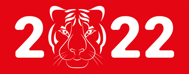 The stylized tiger is the symbol of the Chinese New Year 2022. Design for greeting card, poster, banner, network on a red background.