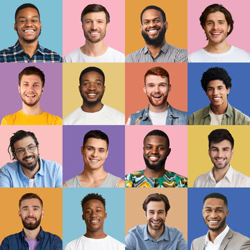 Cheerful men different nationalities posing on colorful backgrounds