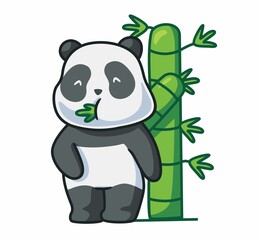 cute panda eating a bamboo at forest