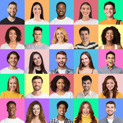 Fototapeta na wymiar Portraits of happy multiracial millennial people posing on colorful backgrounds