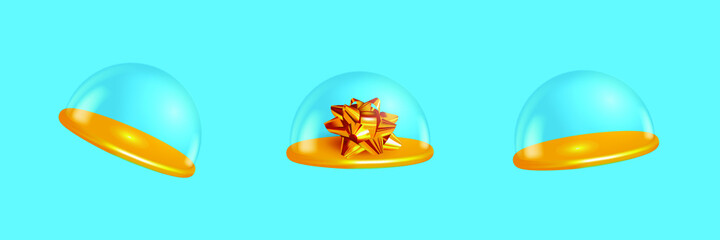 Set of transparent glass domes on the golden podiums. Realistic 3D design. Golden bow on the  Promotion Product Stand