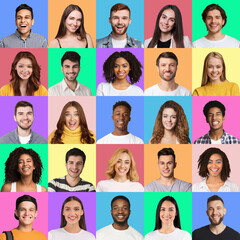 Cheerful youngsters posing on colorful studio backgrounds