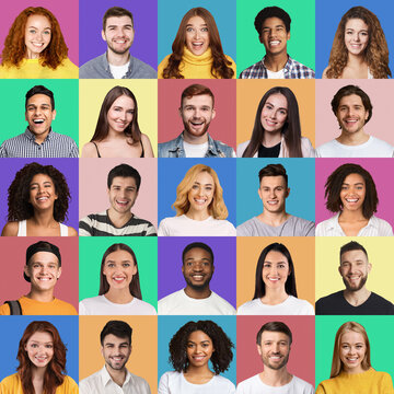 Set of photos of international students on colorful backgrounds