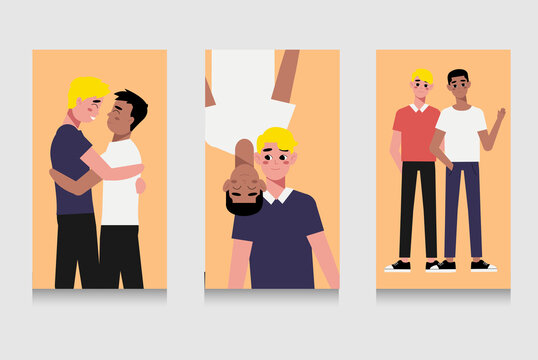 Multiethnic gay couple are proud to be. Young homosexuals gay couple love each other. Element lgbt and gay parade, protest. Vector illustration with lgbt man	