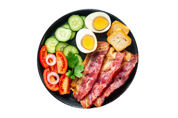 breakfast bacon, eggs, vegetables healthy meal food snack on the table copy space food background