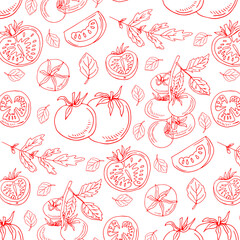 Red Tomatoes Seamless Pattern on White Background. Vector doodle illustration - obrazy, fototapety, plakaty