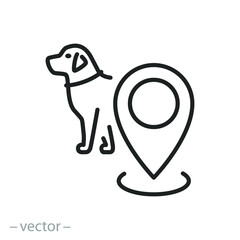 location pet icon, dog with map pin, care animal concept, thin line symbol on white background - editable stroke vector illustration